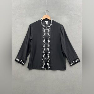 Yi Lin Women's Medium Silk Floral Blouse Black With White Embroidery Zip Front